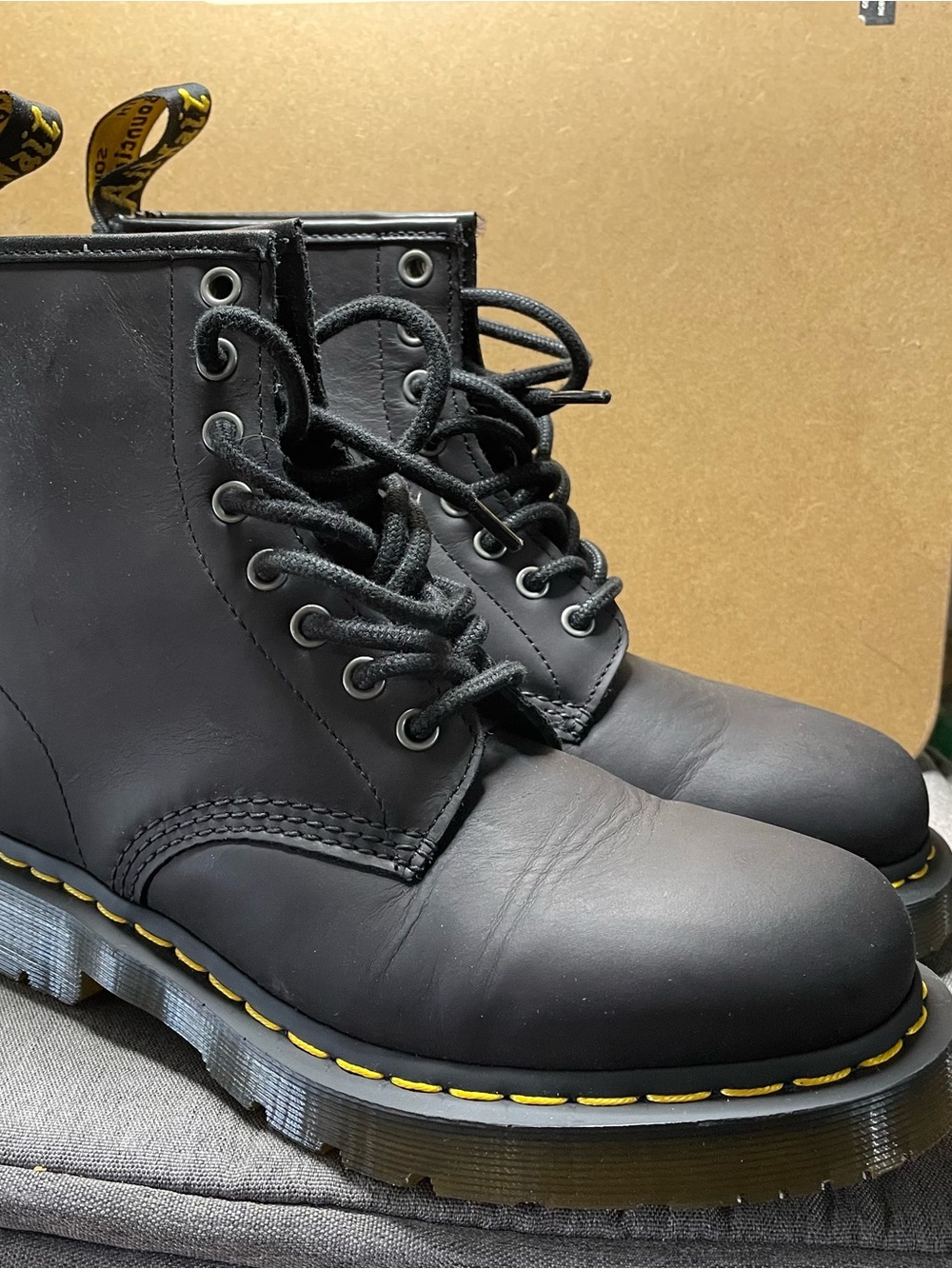 Dr. Martens Black Leather Boots (Snowplow )with Yellow Welt Stitching